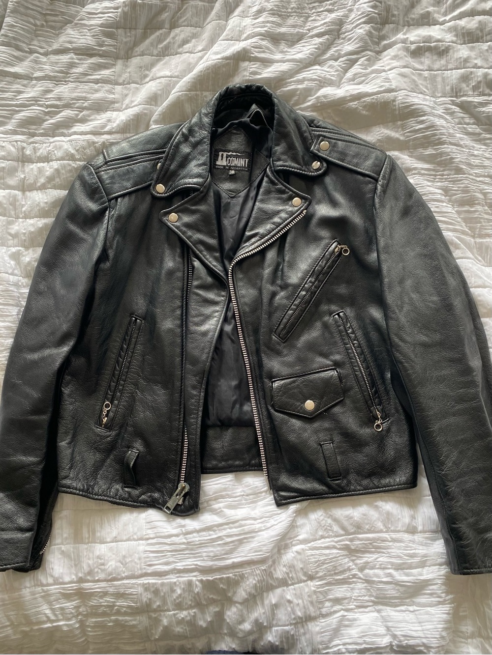 Black Leather Biker Jacket with Silver Hardware